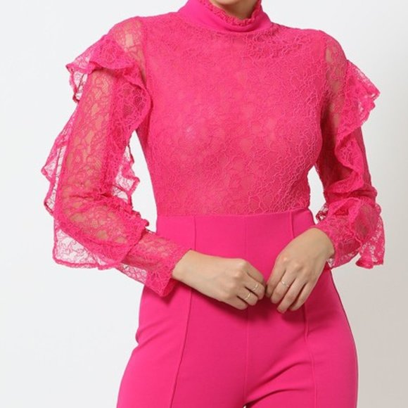 Fuchsia Lace Ruffle Long Sleeve Jumpsuit - Picture 2 of 5